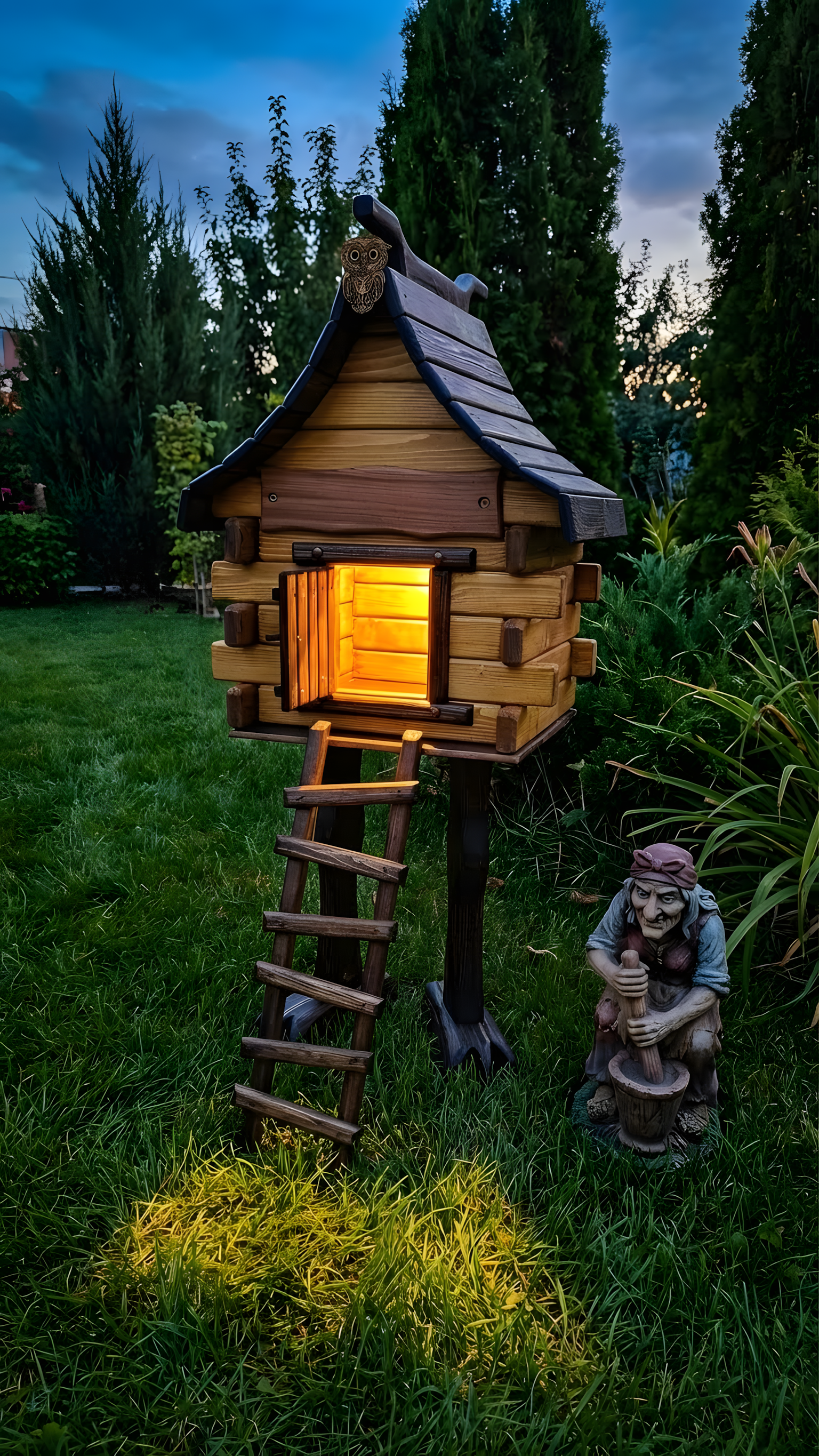 Избушка на курьих ножках — вид вечером с подсветкой